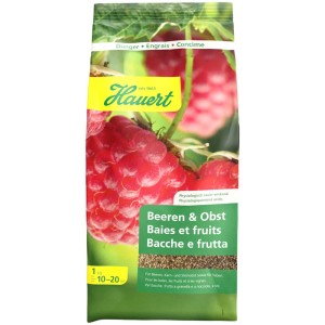 Paquet d'engrais pour fruits rouges et fruits Hauert, 1 kg, avec motif framboise.