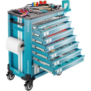 Chariot d'atelier Technocraft Swiss Team Plus turquoise, 8 tiroirs avec 773 outils (PB Swiss Tools, Knipex).