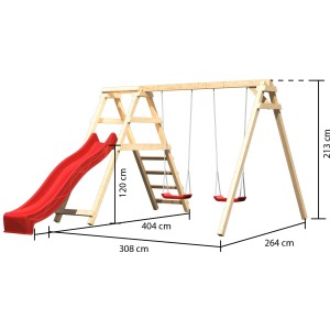 Balancelle double Karibu Felix avec toboggan rouge et structure d'escalade en bois.