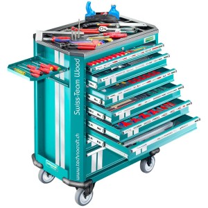 Servante d'atelier Technocraft Swiss Team Wood Pro, 282 pièces, avec tiroirs ouverts et outils.