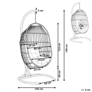 Schizzo: Sedia sospesa Beliani Sesia in polyrattan grigio scuro con dimensioni. Ideale per giardino e terrazza.