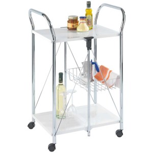 Wenko Chariot de cuisine Sunny blanc avec 2 étagères, panier et roulettes. Desserte pliante pour cuisine et fêtes.