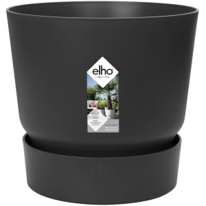 Pot de fleurs Elho Greenville noir rond (16 cm) avec soucoupe intégrée.