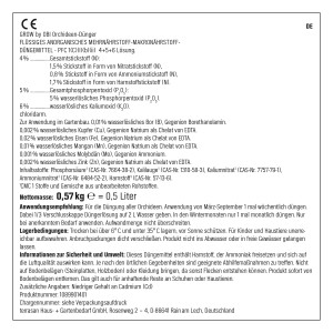 Étiquette de l'engrais pour orchidées GROW by OBI, 500 ml, avec informations nutritionnelles et instructions d'utilisation.