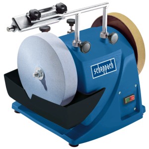 Affûteuse à eau Scheppach Tiger2000s bleue avec meule et support d'outil.