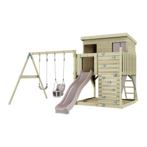 Tour de jeu PolarPlay Nils avec balançoire bébé et toboggan, en bois.