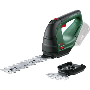 Cisailles à gazon et à arbustes sans fil Bosch AdvancedShear 18V-10 avec deux accessoires de lame.