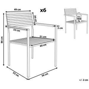 Disegno tecnico: Set di sedie da giardino Beliani Viareggio, 6 pz, legno teak, dimensioni e portata