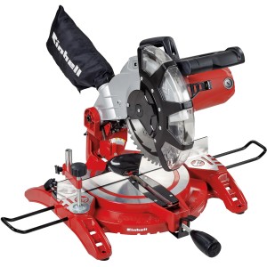 Scie à onglet Einhell TC-MS 2513 L : Scie rouge avec sac à poussière et laser pour coupes précises.