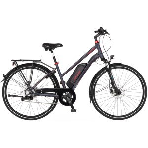 Vélo de trekking électrique pour femme Fischer Viator 1.0, cadre trapèze, avec porte-bagages et garde-boue.