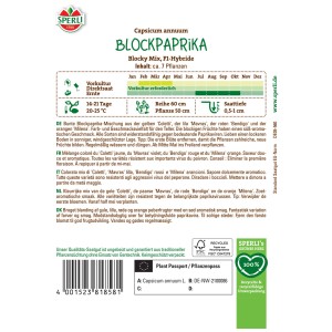 Sperli graines de poivron Blocky Mix, variétés colorées pour env. 7 plants.