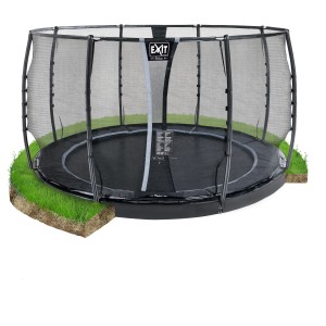 Trampolino interrato rotondo nero EXIT Dynamic (Ø 366 cm) con rete di sicurezza.