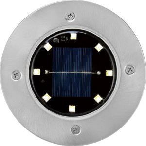Lot de 3 spots solaires LED Faenza, Ø 11,5 cm, argenté, avec piquet pour jardin et allées.