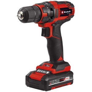 Perceuse-visseuse sans fil Einhell TC-CD 18/35 Li avec batterie et accessoires en détail.