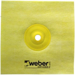 Gelbe Weber Dichtmanschette DM 150, 150x150 mm, für Fliesenzubehör zur Abdichtung von Rohrdurchführungen.