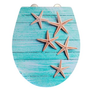 Wenko Abattant WC Mediaster avec étoiles de mer sur décor bois turquoise.