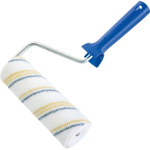 LUX PRO Farbroller für Lacke, 18 cm breit, mit blau-gelben Streifen und blauem Griff.
