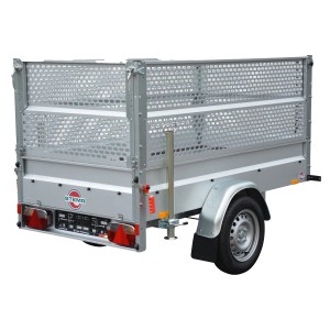 Remorque Stema Basic 1000 avec rehausse grillagée, remorque auto freinée avec roue jockey et béquilles.