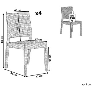 Set di sedie da giardino Beliani Fossano, 4 sedie in plastica grigio chiaro con dimensioni e portata.