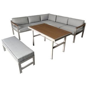 Set lounge Greemotion Miami, bianco crema/grigio chiaro, con tavolo e panche.