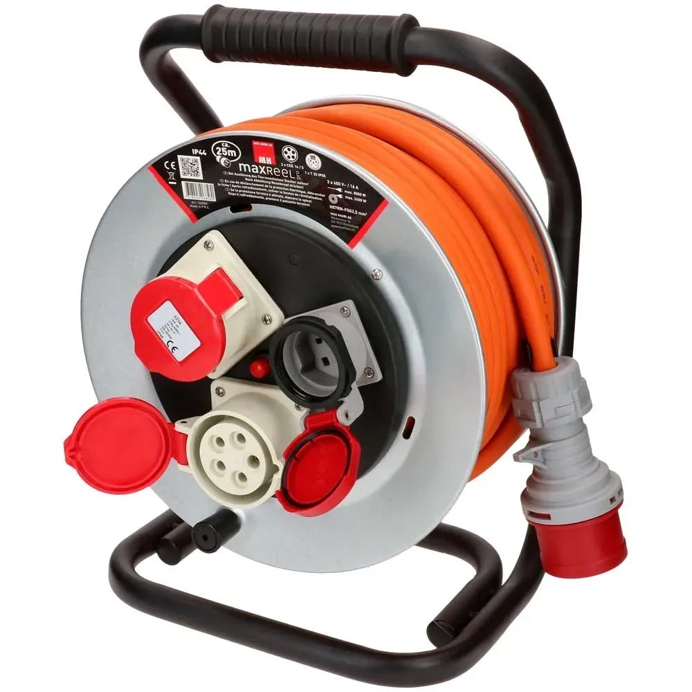 Stahl-Kabelrolle 2 x CEE16-5 / 1 x T25 Schwarz Kabellänge 25 m