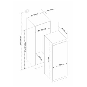 Skizze: Sharp Einbau-Kühlschrank SJ-LD300E00X/CH-Norm, Maße für Einbau, weiß.