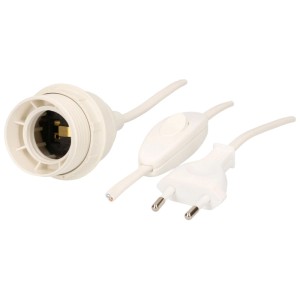 Douille E27 blanche avec interrupteur et prise, câble de 1,5 m pour installation de lampe.