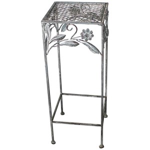 Supporto per piante quadrato in ferro grigio antico con decoro floreale, altezza 60 cm.