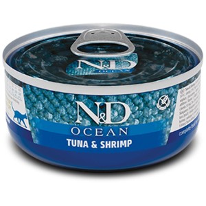 N&D Katzen-Nassfutter Ocean Thunfisch & Garnele, 70g Dose.