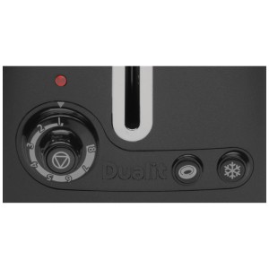 Dettaglio del tostapane Dualit Lite nero con controllo doratura e pulsante di scongelamento.