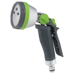 Geka multi-getto con 5 modelli di spruzzo, manico grigio e dettagli verdi.