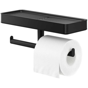 Porte-papier toilette noir Tiger Carv avec étagère pour accessoires de salle de bain.