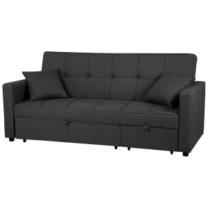 Canapé convertible 3 places Glomma gris foncé avec deux coussins et rangement.