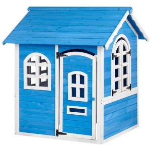Blau-weißes Beliani Gartenspielhaus Kokkoni aus Holz mit Tür und Fenstern.