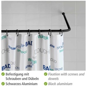 Barre de douche d'angle universelle noire Wenko en aluminium avec rideau de douche.