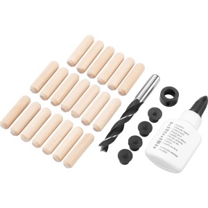 Kit de tourillons LUX-TOOLS Ø 10 mm : 25 tourillons bois, colle à bois, foret, butée de profondeur et centreurs.