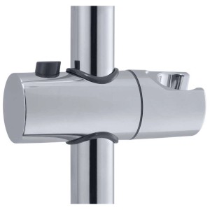 Gros plan : Système de douche chromé Diaqua Naiad Turn, focus sur le support et la barre.