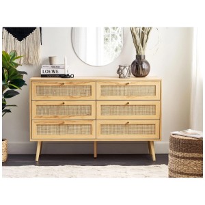 Commode Beliani Perote, marron, avec rotin et 6 tiroirs style bohème.