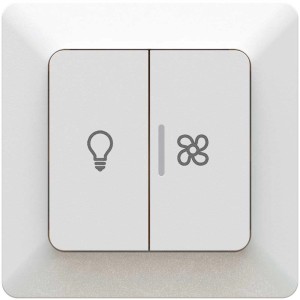 Doppio interruttore a bilanciere Priamos bianco con simboli luce e ventola, parzialmente illuminato.