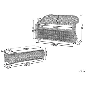 Banc de jardin Susua en rotin naturel avec ottoman. Ensemble 2 pièces avec dimensions pour terrasse & jardin.