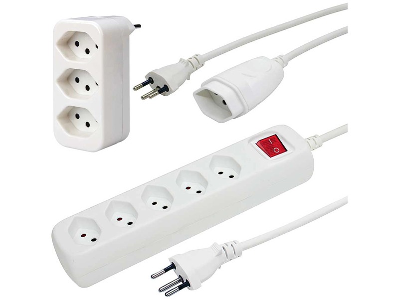 EU Verlängerungsstecker 3-fach - 2m Flachkabel Mit Kindersicherung Weiß