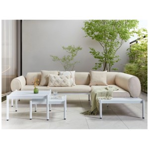 Set lounge Beliani Rasiglia beige 3 pezzi con divano, tavolino e tavolino.