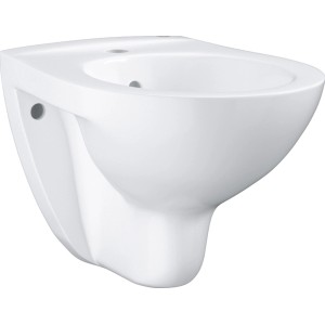 Bidet sospeso Grohe in ceramica bianca con foro rubinetto e troppopieno per il bagno.
