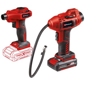 Set macchine Einhell: compressore a batteria e pompa ad aria per auto, bici e tempo libero.