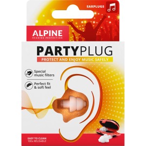 Protections auditives Alpine PartyPlug dans leur emballage, réutilisables avec filtre.