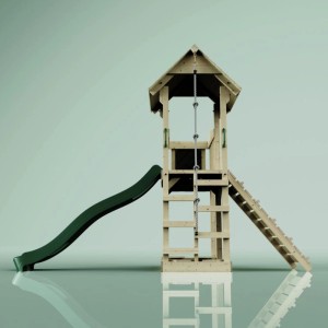 Torre gioco PolarPlay Tromso con scivolo verde, corda da arrampicata e scala.