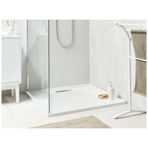 Receveur de douche plat blanc Azzurro en SMC aspect pierre, 90x90 cm, avec bonde latérale.