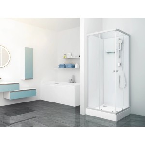 Douche complète baliv DUK-85.110KE, 85x85 cm, argent mat, avec douchette et robinetterie.