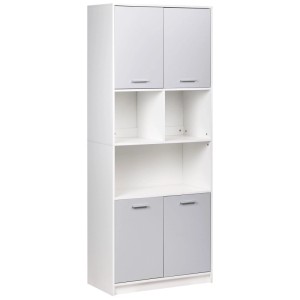 Bibliothèque Beliani Zehna gris-blanc avec 4 portes, compartiments ouverts et poignées métalliques. Design scandinave.