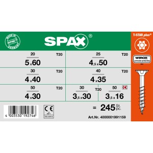 Vis universelles Spax à tête fraisée, entraînement T-Star plus, 245 pièces, acier Wirox.
